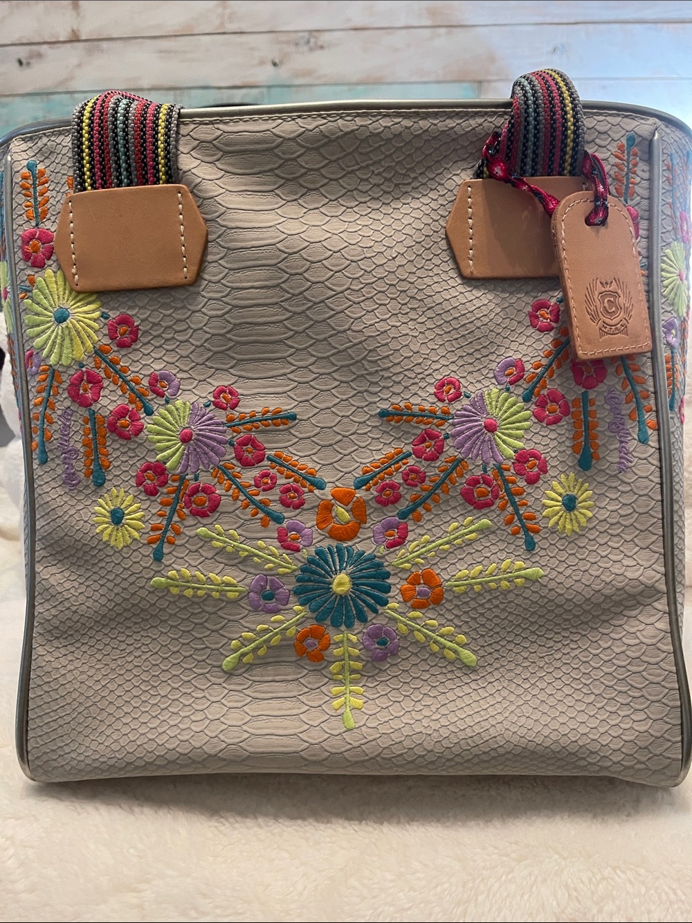 Consuela “Songbird Gray Embroidered Floral Tote with Multicolor Striped Handles